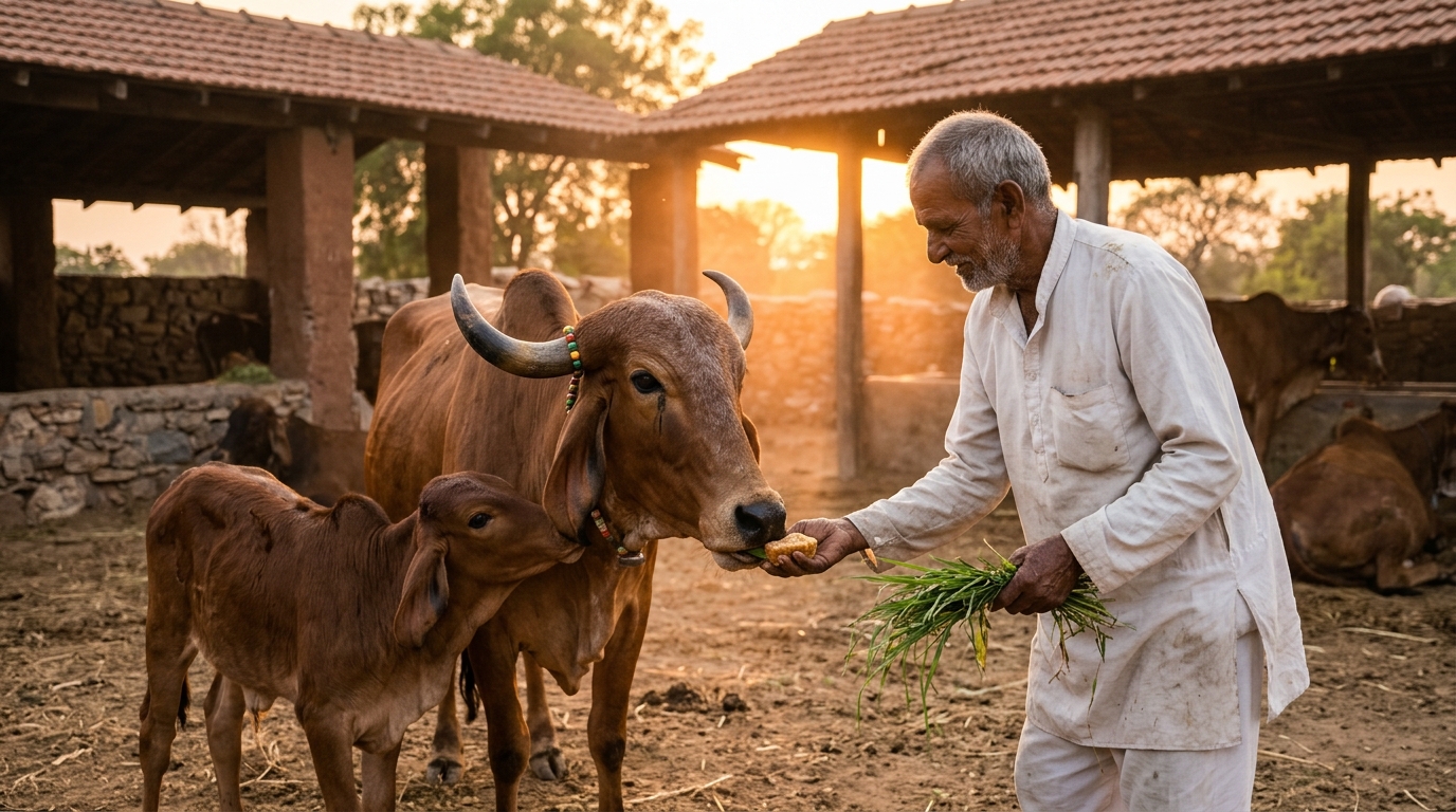 Sacred Indian Gir Cow Mother and Calf with Elder in Golden Sunlight